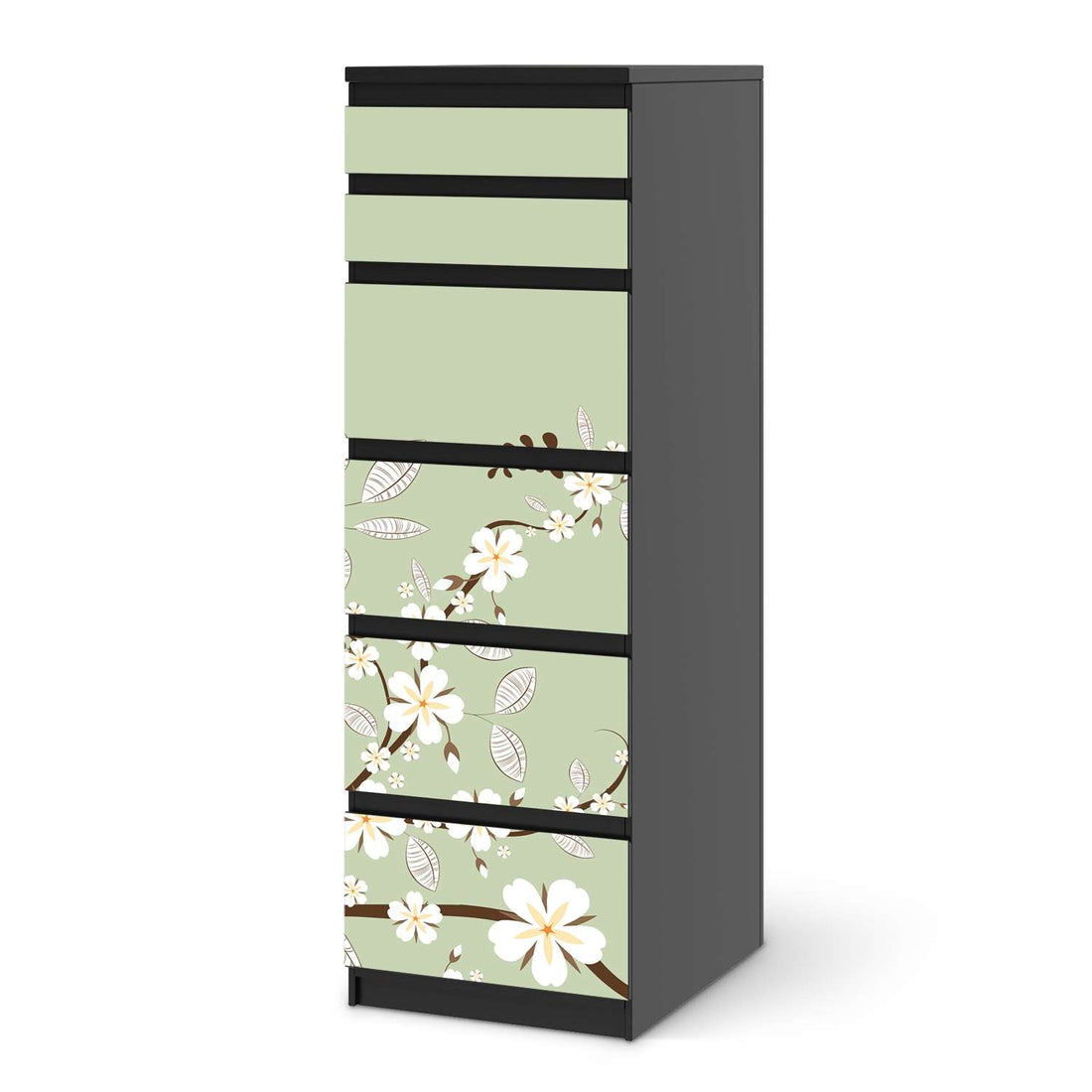 Klebefolie White Blossoms - IKEA Malm Kommode 6 Schubladen (schmal) - schwarz
