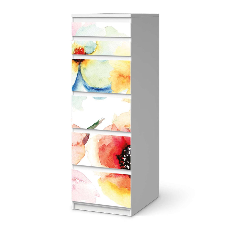 Klebefolie Water Color Flowers - IKEA Malm Kommode 6 Schubladen (schmal)  - weiss