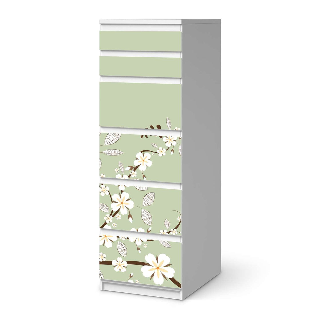 Klebefolie White Blossoms - IKEA Malm Kommode 6 Schubladen (schmal)  - weiss