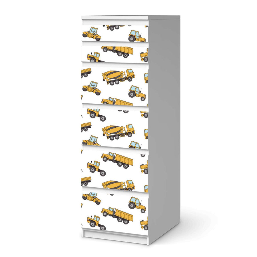 Klebefolie Working Cars - IKEA Malm Kommode 6 Schubladen (schmal)  - weiss
