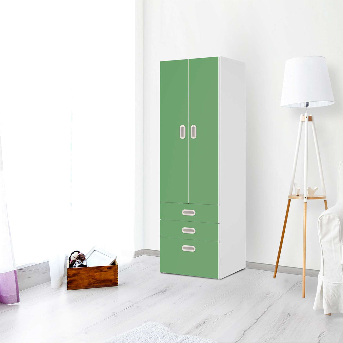 Klebefolie Grün Light - IKEA Stuva / Fritids kombiniert - 3 Schubladen und 2 große Türen - Kinderzimmer