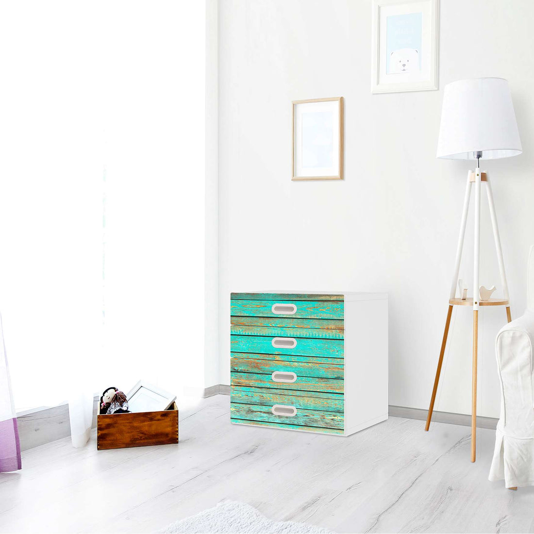 Klebefolie Wooden Aqua - IKEA Stuva / Fritids Kommode - 4 Schubladen - Kinderzimmer