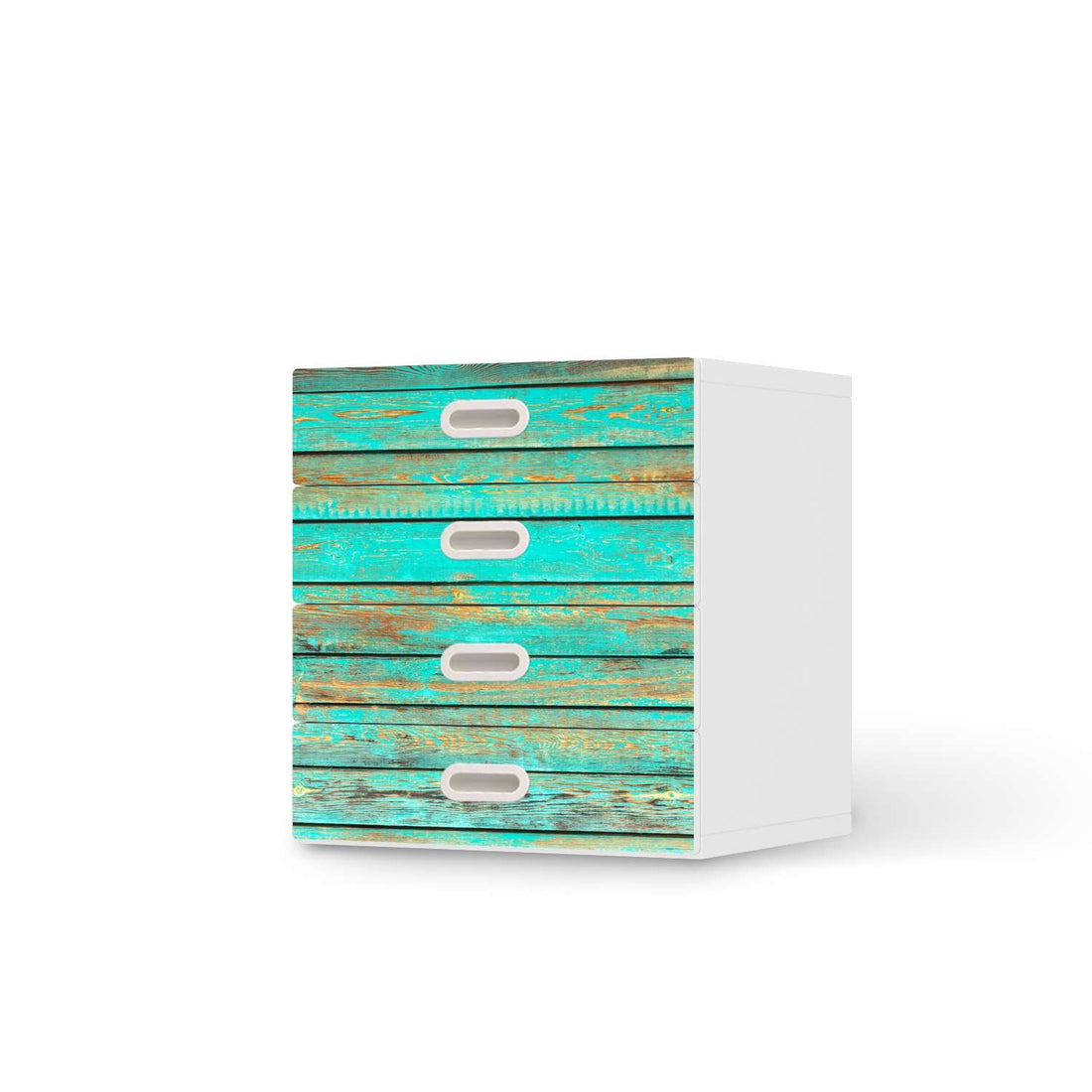 Klebefolie Wooden Aqua - IKEA Stuva / Fritids Kommode - 4 Schubladen  - weiss