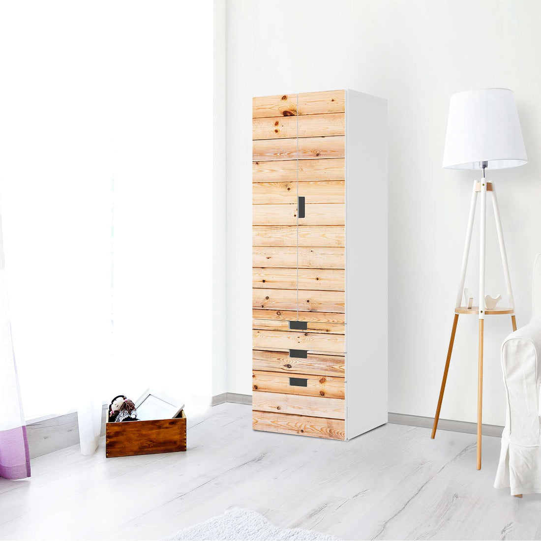 Klebefolie Bright Planks - IKEA Stuva kombiniert - 3 Schubladen und 2 große Türen (Kombination 1) - Wohnzimmer