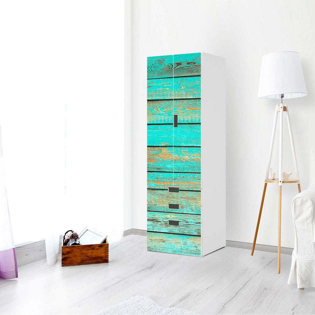 Klebefolie Wooden Aqua - IKEA Stuva kombiniert - 3 Schubladen und 2 große Türen (Kombination 1) - Wohnzimmer