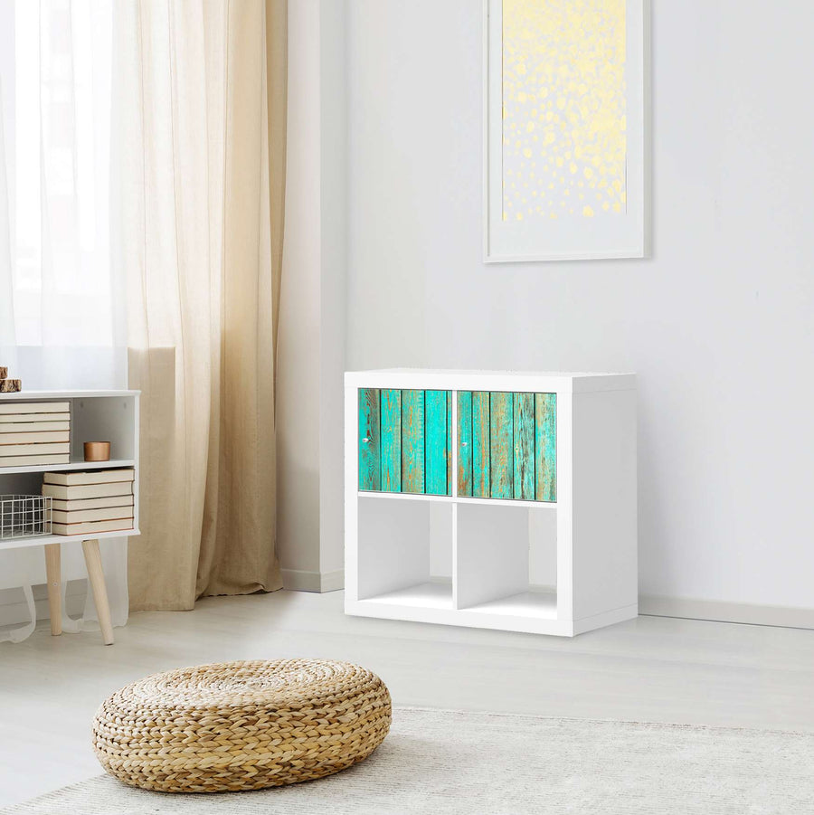 Möbel Klebefolie Wooden Aqua - IKEA Expedit Regal 2 Türen Quer - Wohnzimmer