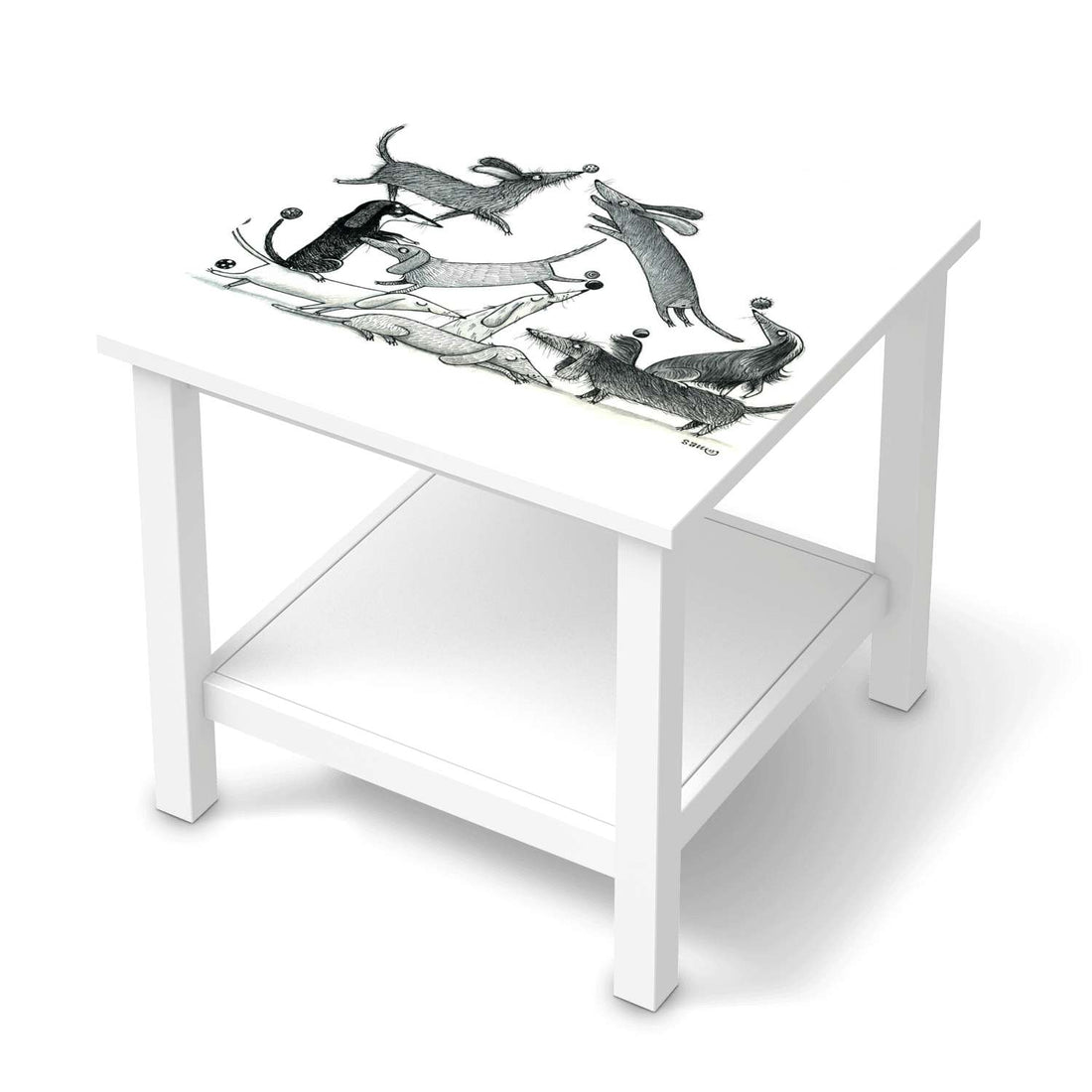 Möbel Klebefolie Akrobaten Dackel - IKEA Hemnes Beistelltisch 55x55 cm  - weiss