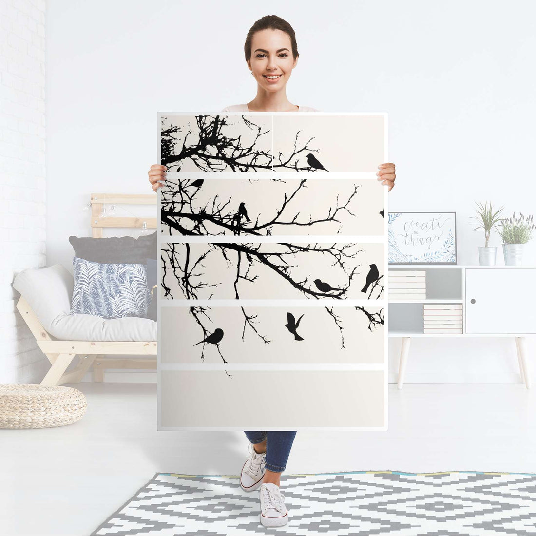 Möbel Klebefolie Tree and Birds 1 - IKEA Malm Kommode 6 Schubladen (hoch) - Folie
