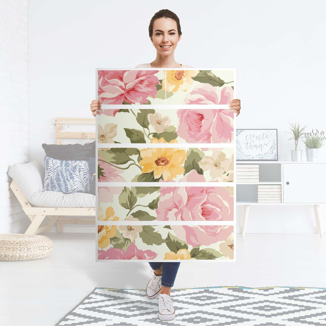 Möbel Klebefolie Vintage Flowers - IKEA Malm Kommode 6 Schubladen (hoch) - Folie