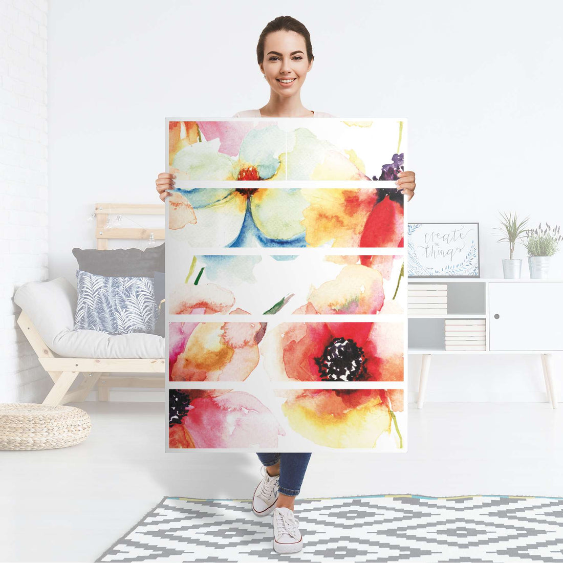Möbel Klebefolie Water Color Flowers - IKEA Malm Kommode 6 Schubladen (hoch) - Folie