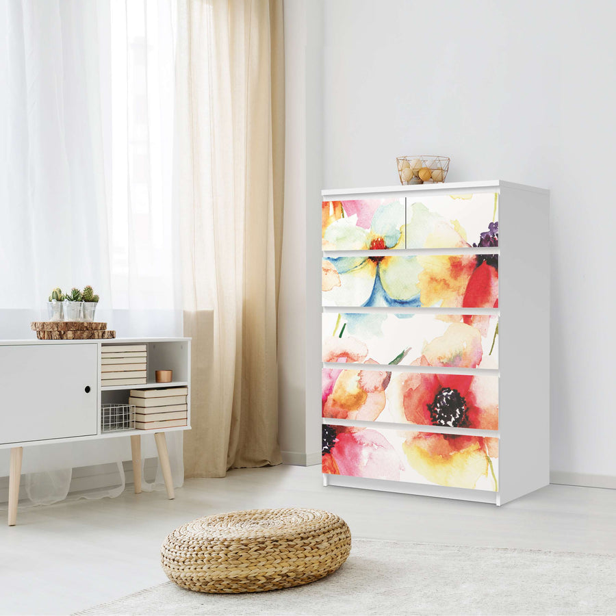 Möbel Klebefolie Water Color Flowers - IKEA Malm Kommode 6 Schubladen (hoch) - Schlafzimmer