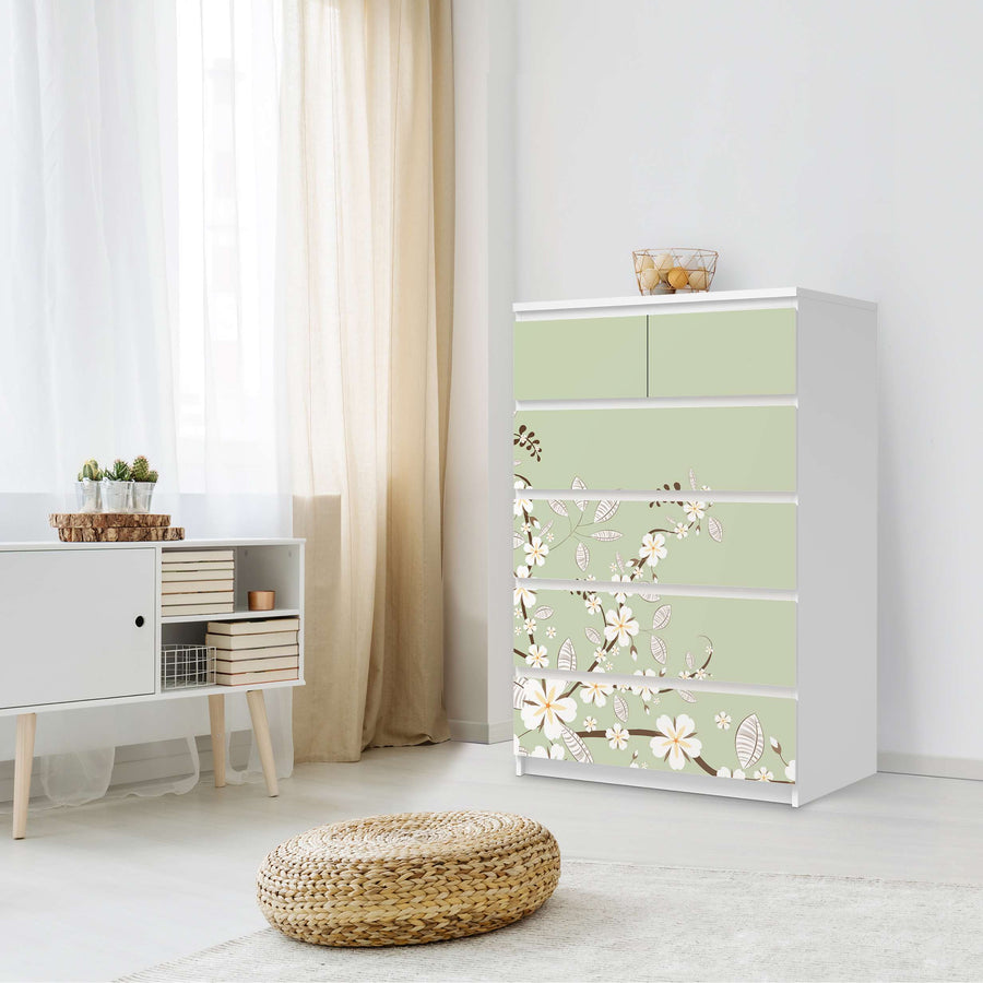 Möbel Klebefolie White Blossoms - IKEA Malm Kommode 6 Schubladen (hoch) - Schlafzimmer