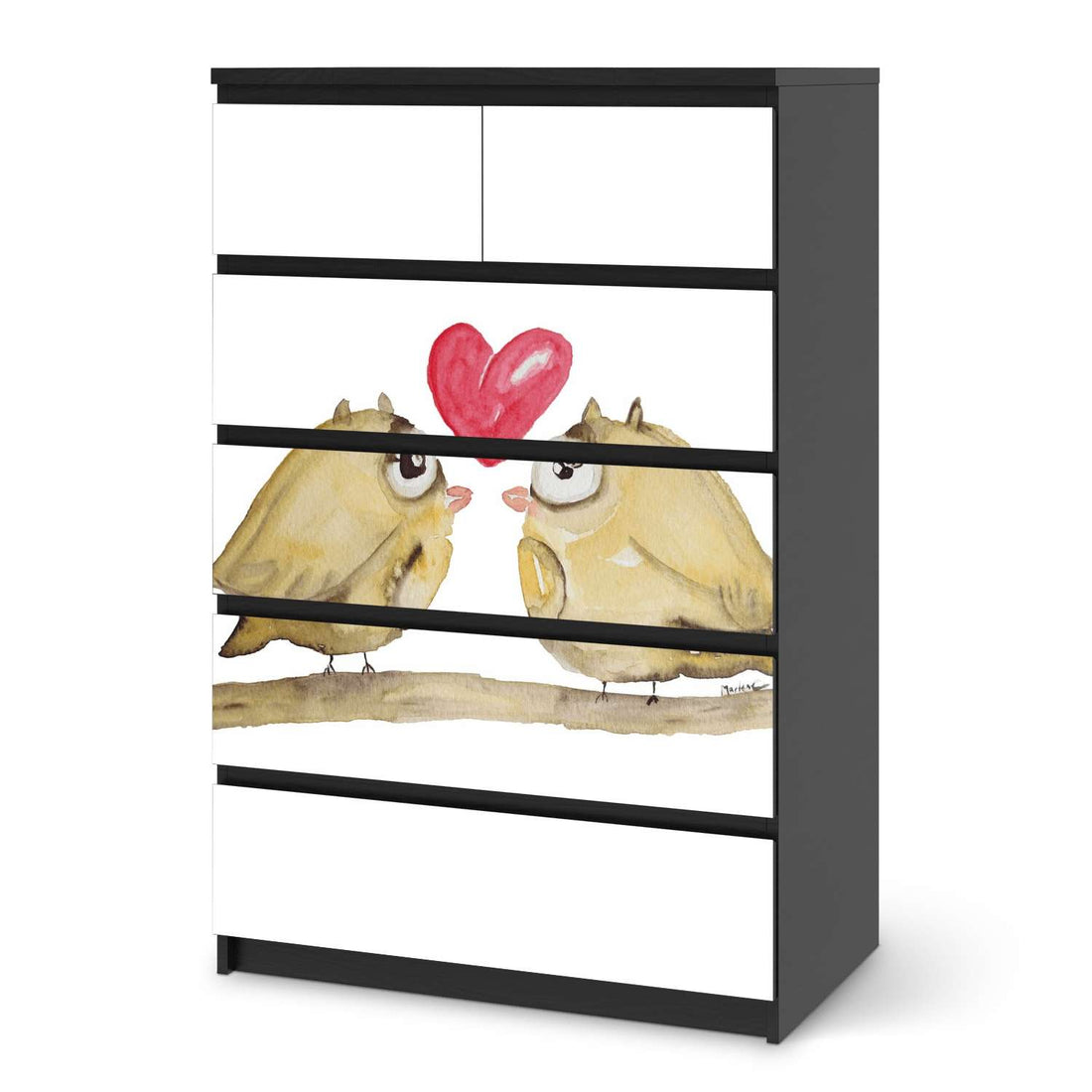 Möbel Klebefolie 2 kleine Eulen - IKEA Malm Kommode 6 Schubladen (hoch) - schwarz