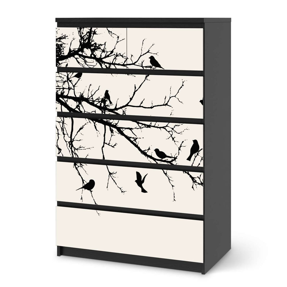 Möbel Klebefolie Tree and Birds 1 - IKEA Malm Kommode 6 Schubladen (hoch) - schwarz