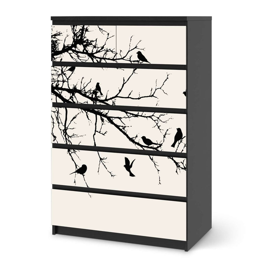 Möbel Klebefolie Tree and Birds 1 - IKEA Malm Kommode 6 Schubladen (hoch) - schwarz
