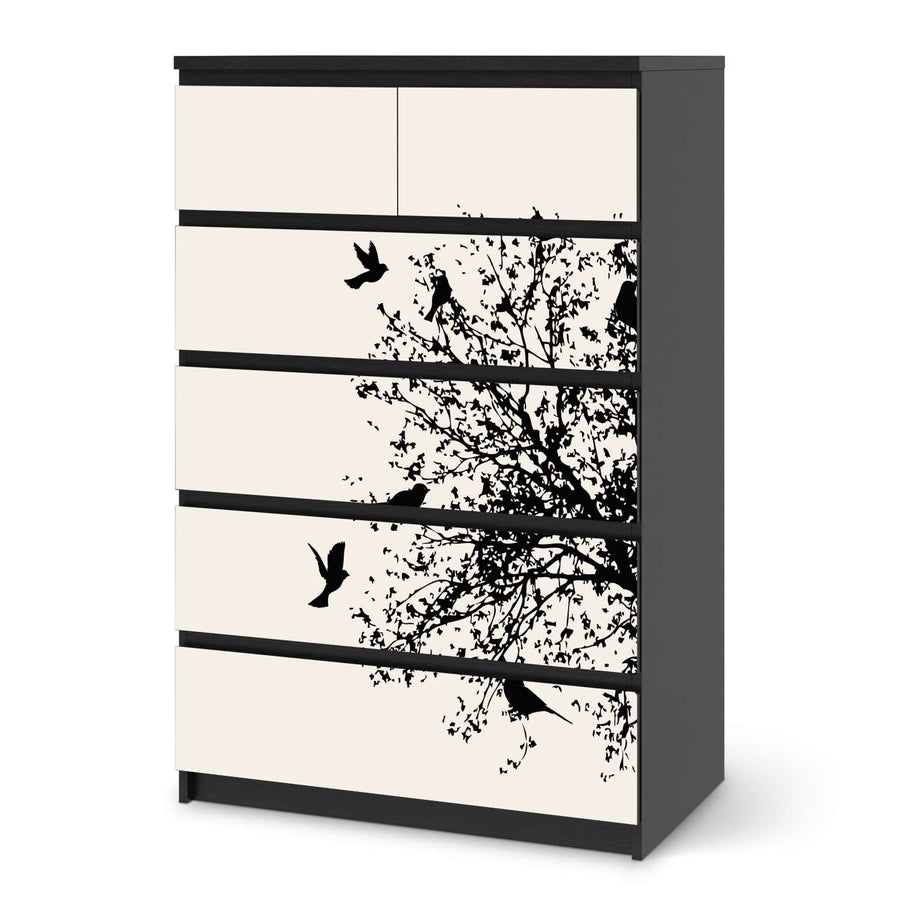 Möbel Klebefolie Tree and Birds 2 - IKEA Malm Kommode 6 Schubladen (hoch) - schwarz