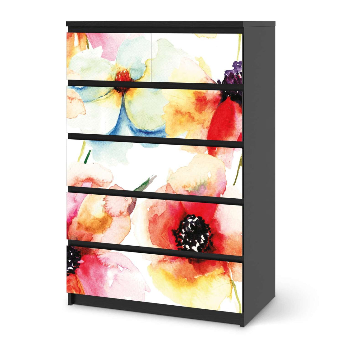 Möbel Klebefolie Water Color Flowers - IKEA Malm Kommode 6 Schubladen (hoch) - schwarz