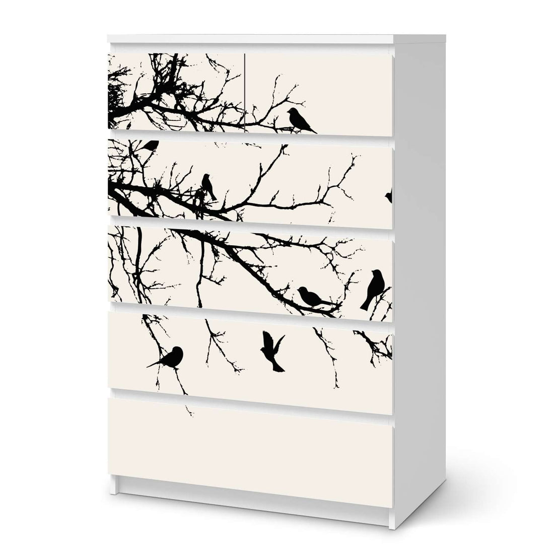Möbel Klebefolie Tree and Birds 1 - IKEA Malm Kommode 6 Schubladen (hoch)  - weiss