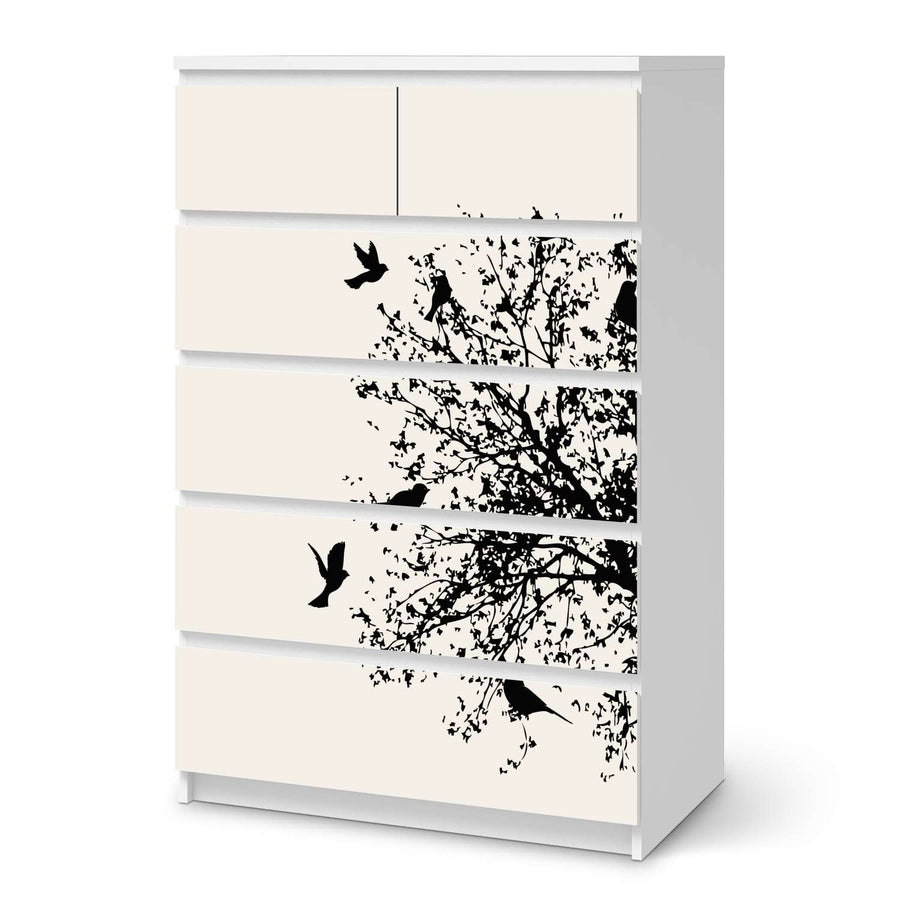 Möbel Klebefolie Tree and Birds 2 - IKEA Malm Kommode 6 Schubladen (hoch)  - weiss