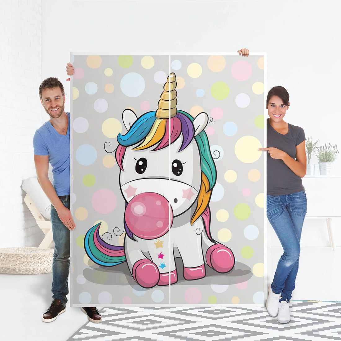 Möbel Klebefolie Rainbow das Einhorn - IKEA Pax Schrank 201 cm Höhe - Schiebetür 75 cm - Folie