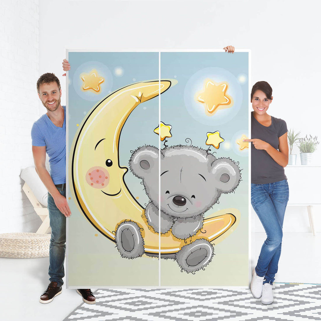 Möbel Klebefolie Teddy und Mond - IKEA Pax Schrank 201 cm Höhe - Schiebetür 75 cm - Folie