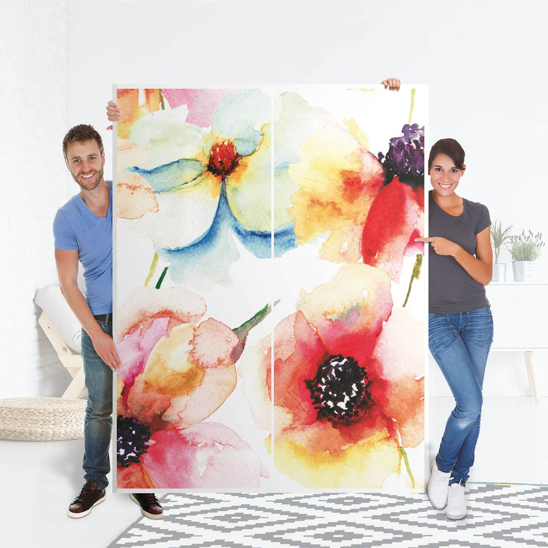 Möbel Klebefolie Water Color Flowers - IKEA Pax Schrank 201 cm Höhe - Schiebetür 75 cm - Folie