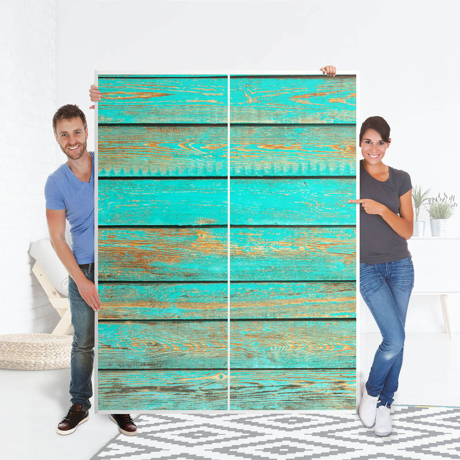 Möbel Klebefolie Wooden Aqua - IKEA Pax Schrank 201 cm Höhe - Schiebetür 75 cm - Folie