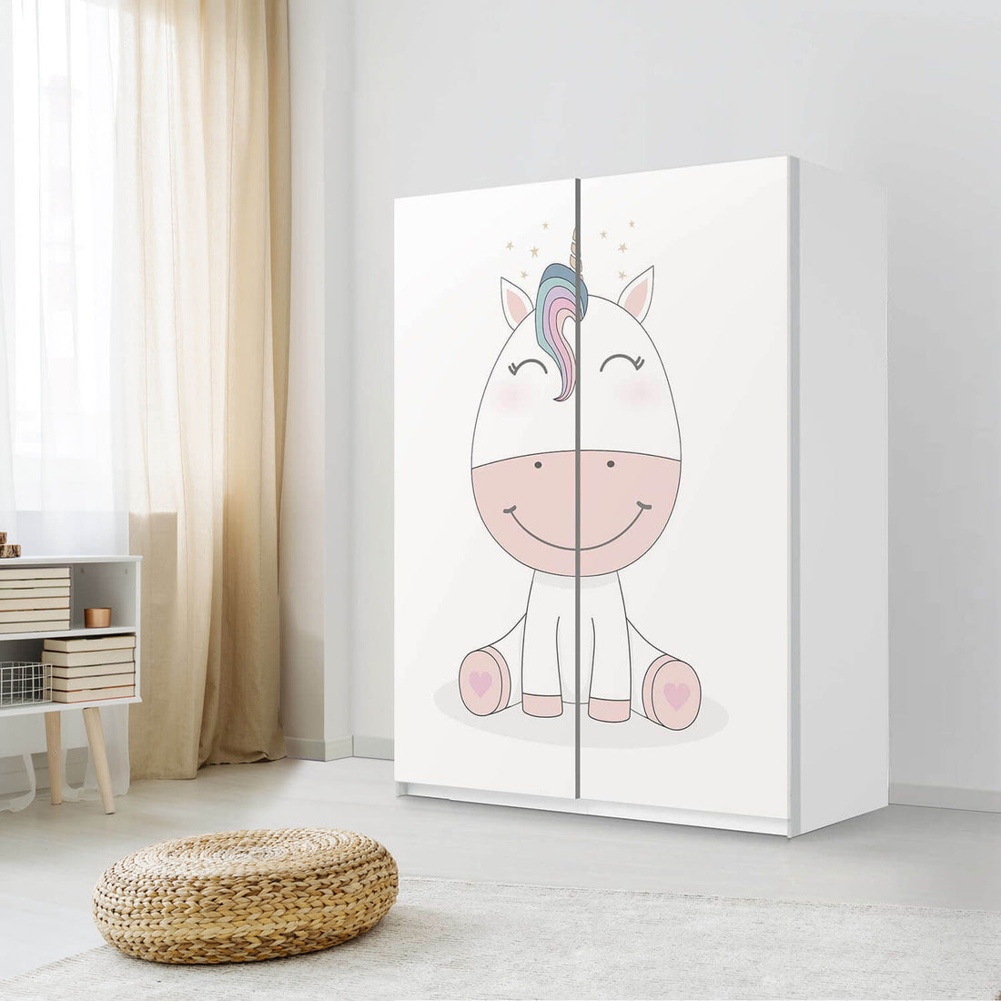 Möbel Klebefolie Baby Unicorn - IKEA Pax Schrank 201 cm Höhe - Schiebetür 75 cm - Kinderzimmer