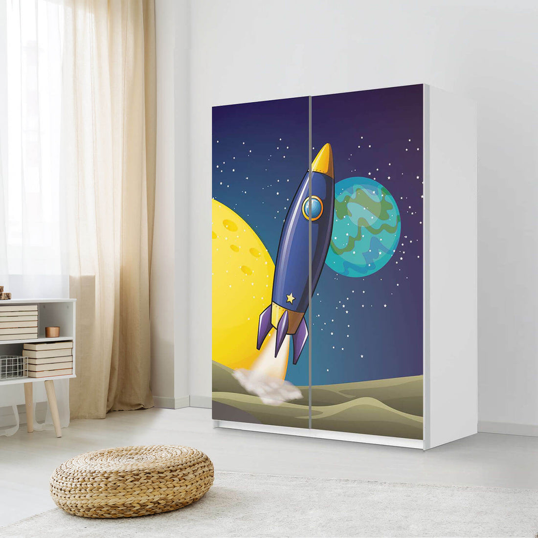 Möbel Klebefolie Space Rocket - IKEA Pax Schrank 201 cm Höhe - Schiebetür 75 cm - Kinderzimmer