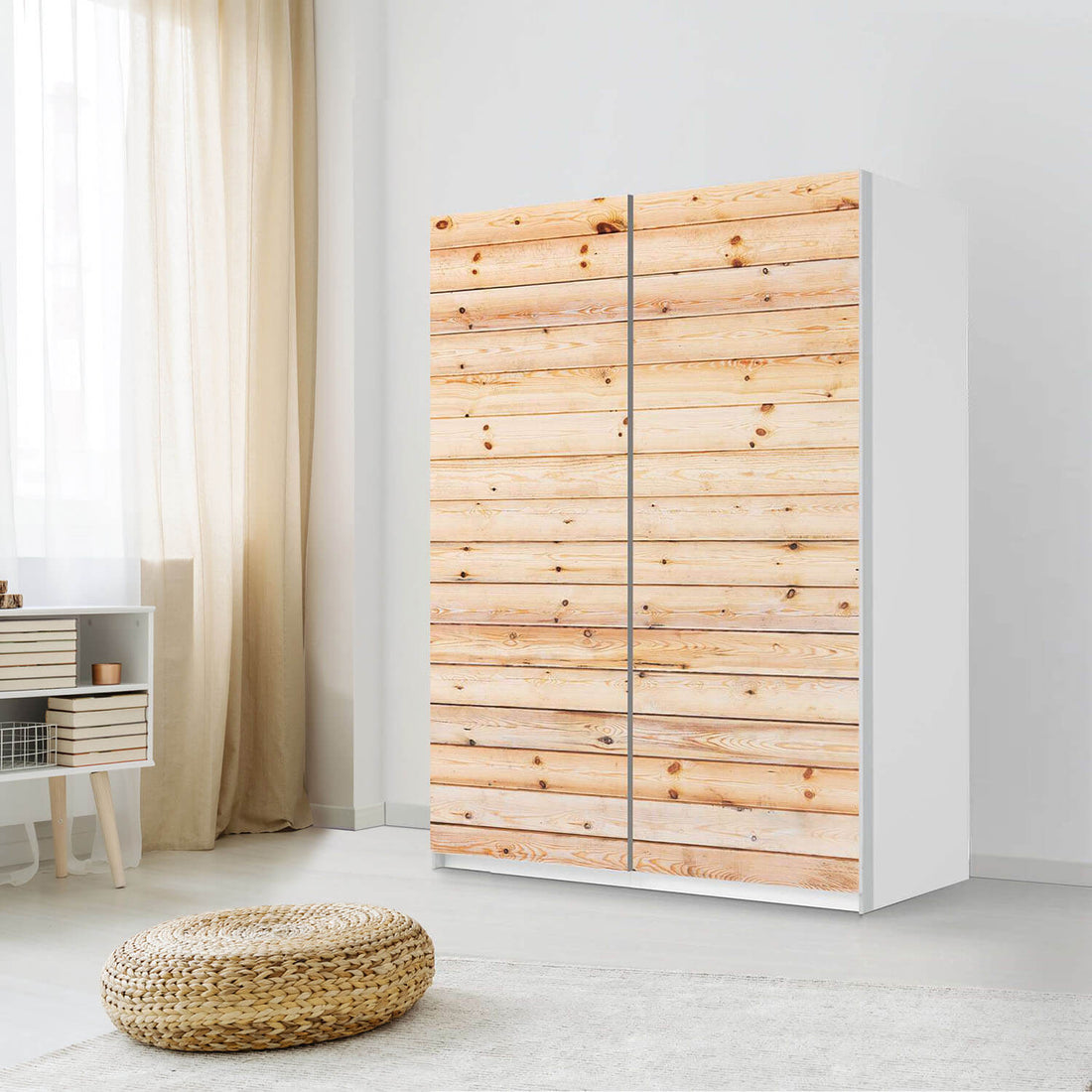 Möbel Klebefolie Bright Planks - IKEA Pax Schrank 201 cm Höhe - Schiebetür 75 cm - Schlafzimmer