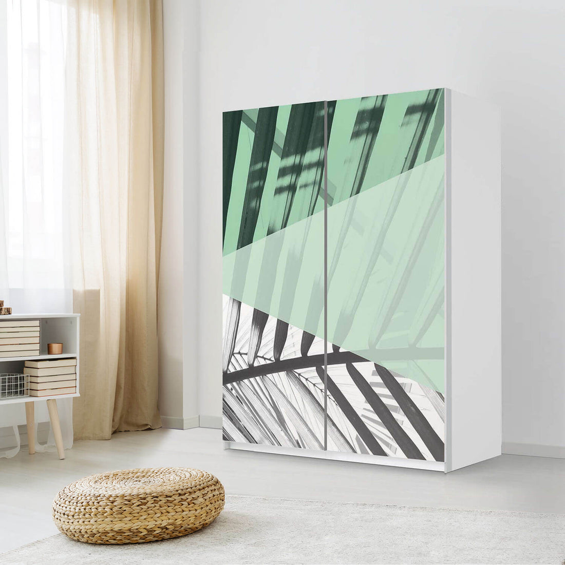 Möbel Klebefolie Palmen mint - IKEA Pax Schrank 201 cm Höhe - Schiebetür 75 cm - Schlafzimmer