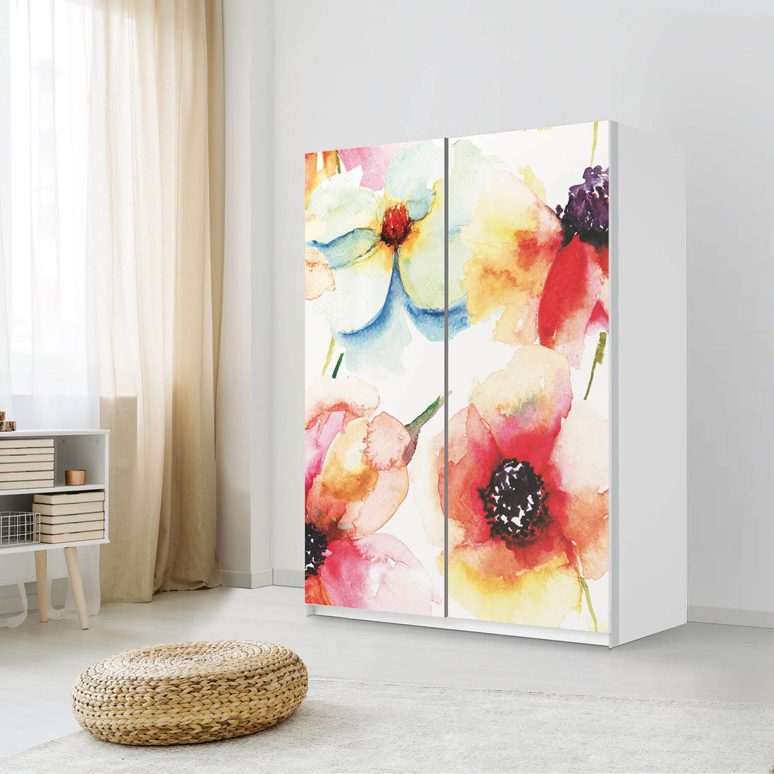 Möbel Klebefolie Water Color Flowers - IKEA Pax Schrank 201 cm Höhe - Schiebetür 75 cm - Schlafzimmer