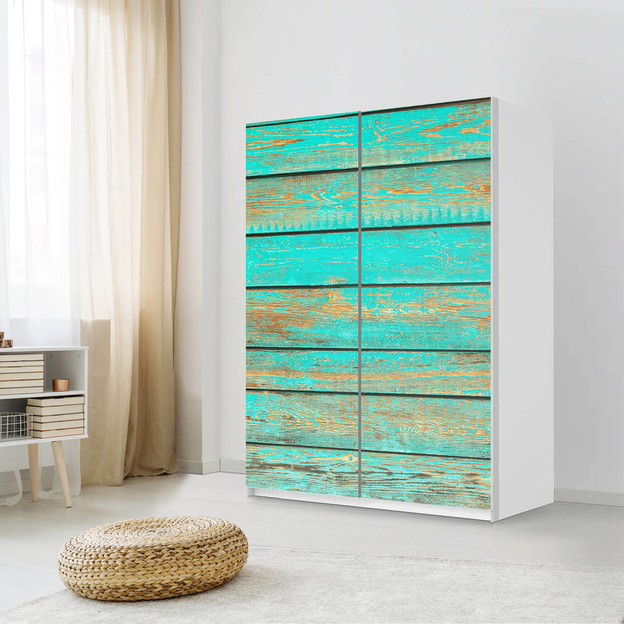 Möbel Klebefolie Wooden Aqua - IKEA Pax Schrank 201 cm Höhe - Schiebetür 75 cm - Schlafzimmer