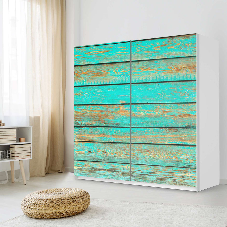 Möbel Klebefolie Wooden Aqua - IKEA Pax Schrank 201 cm Höhe - Schiebetür - Schlafzimmer