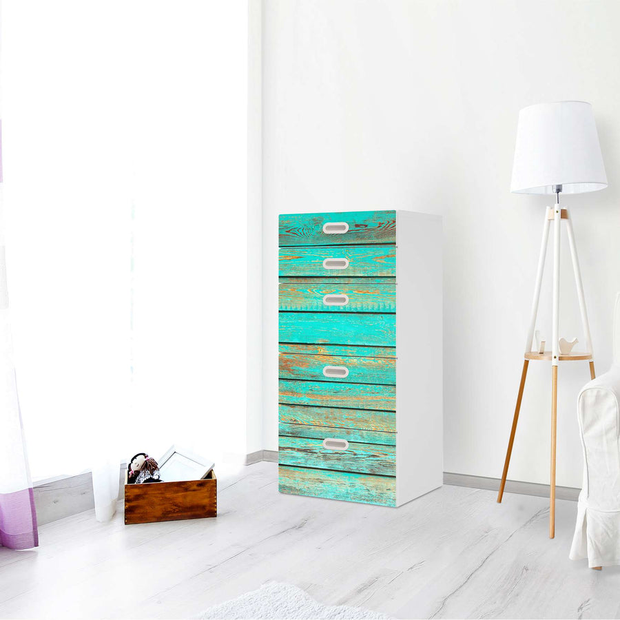 Möbel Klebefolie Wooden Aqua - IKEA Stuva / Fritids Kommode - 5 Schubladen - Kinderzimmer