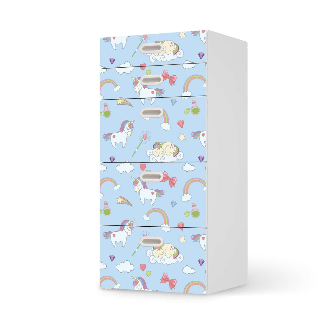 Möbel Klebefolie Rainbow Unicorn - IKEA Stuva / Fritids Kommode - 5 Schubladen  - weiss