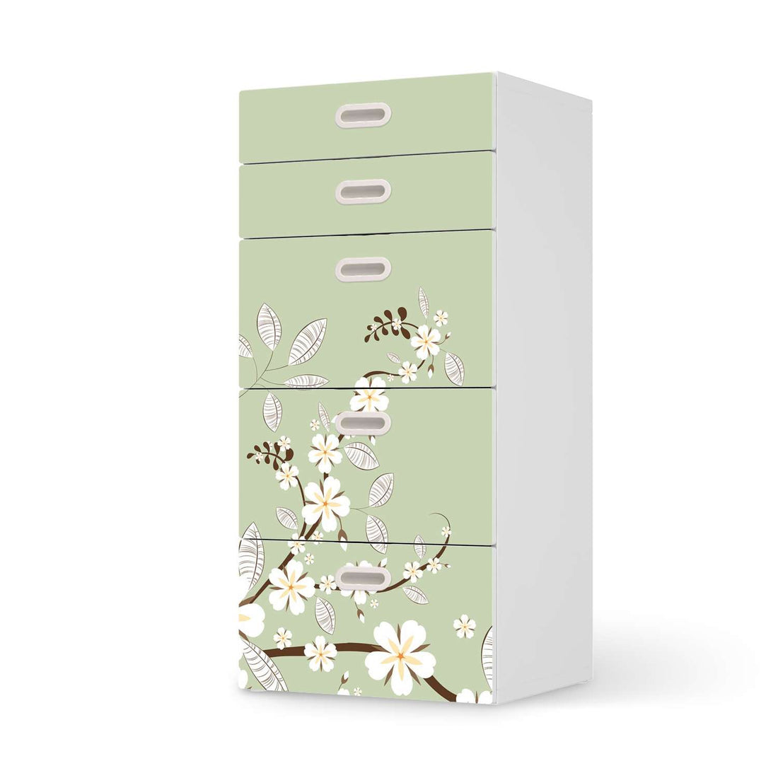 Möbel Klebefolie White Blossoms - IKEA Stuva / Fritids Kommode - 5 Schubladen  - weiss