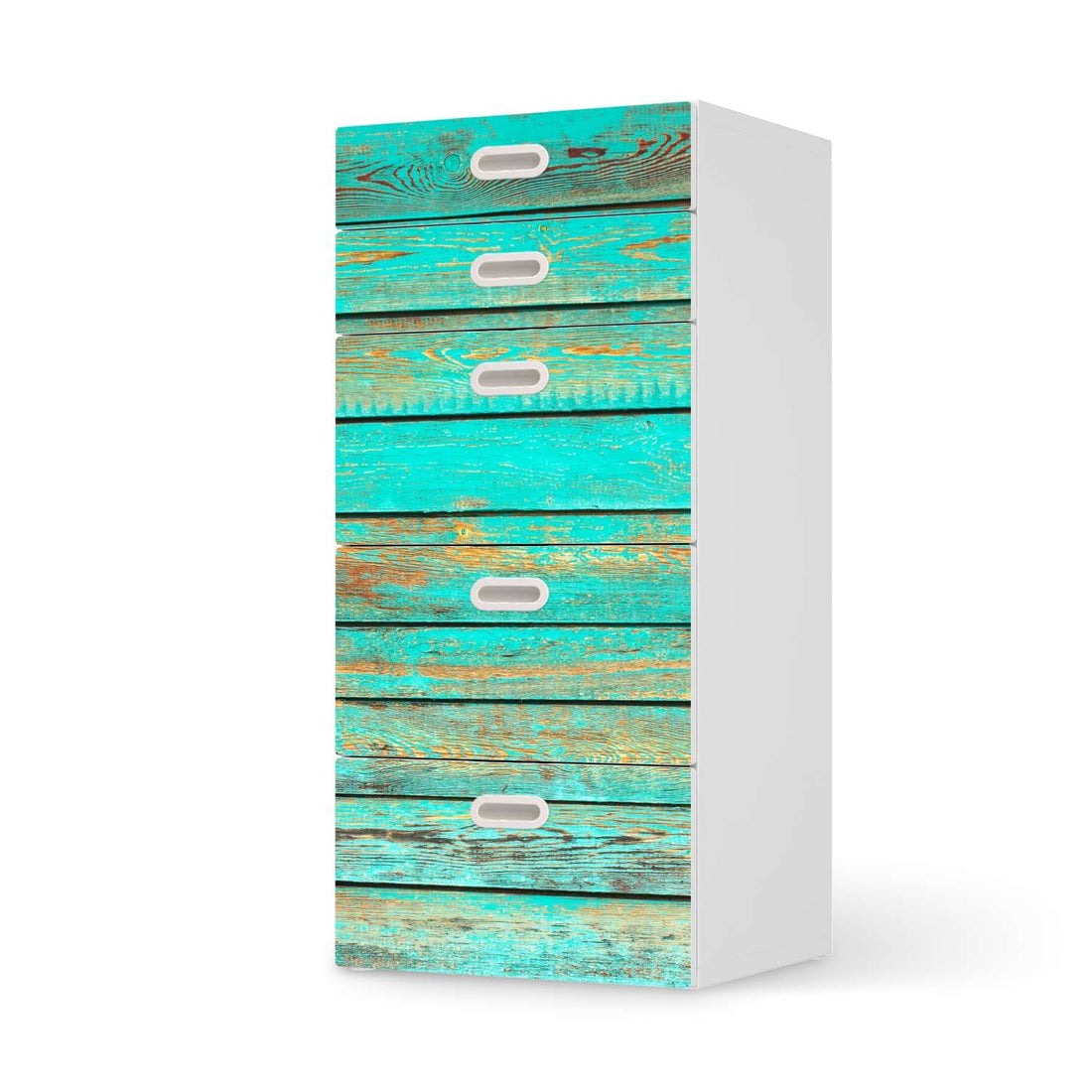 Möbel Klebefolie Wooden Aqua - IKEA Stuva / Fritids Kommode - 5 Schubladen  - weiss