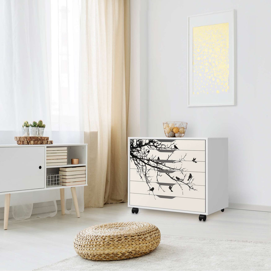 Möbelfolie Tree and Birds 1 - IKEA Alex Rollcontainer 6 Schubladen - Wohnzimmer
