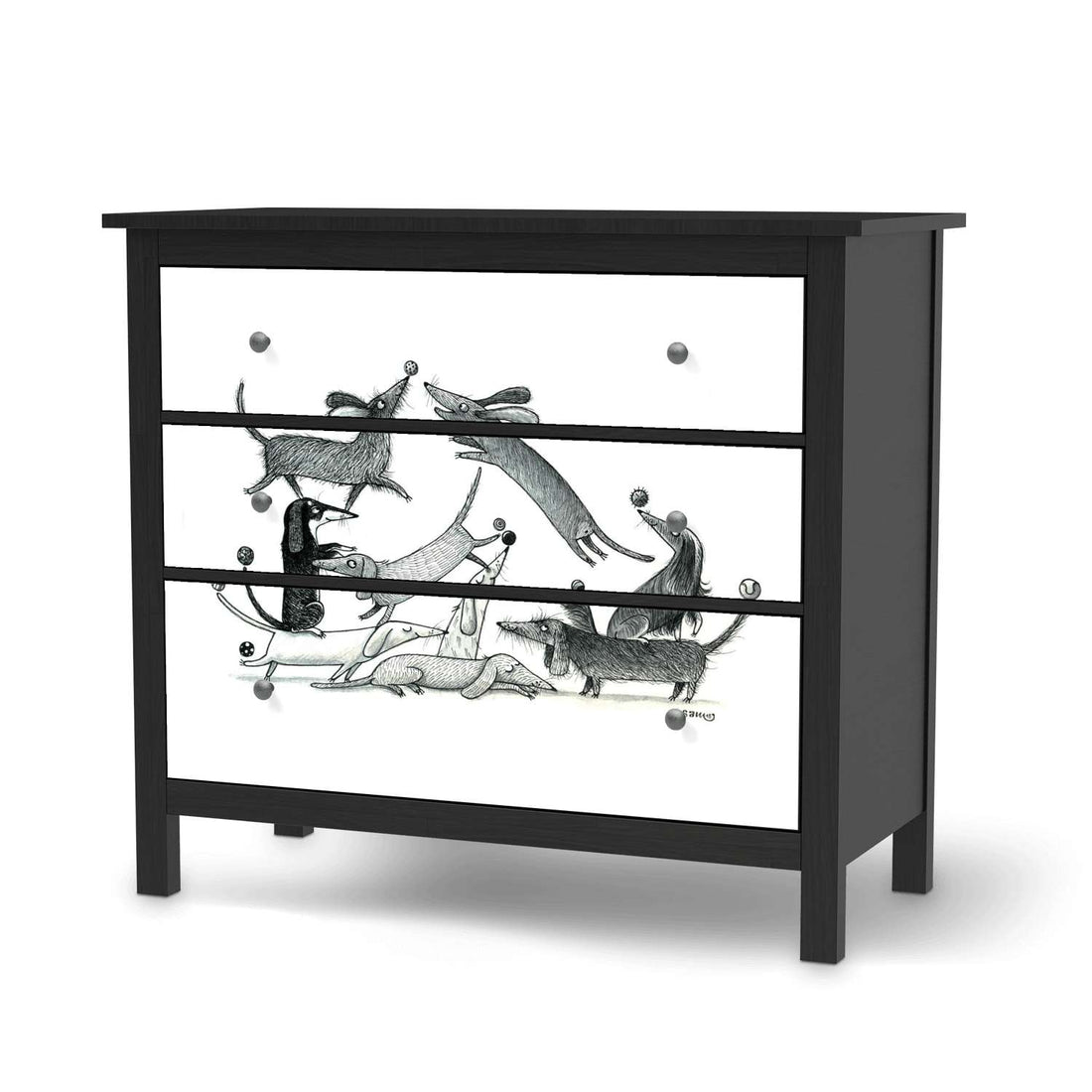 Möbelfolie Akrobaten Dackel - IKEA Hemnes Kommode 3 Schubladen - schwarz