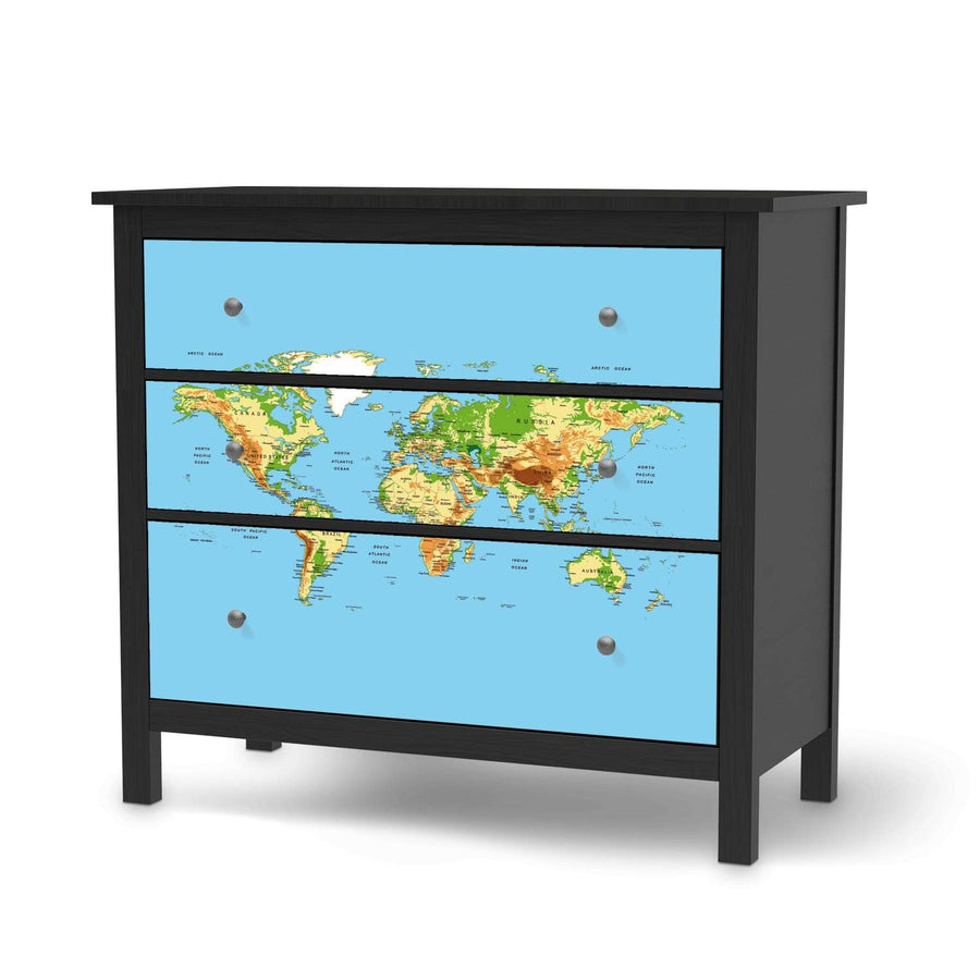 Möbelfolie Geografische Weltkarte - IKEA Hemnes Kommode 3 Schubladen - schwarz