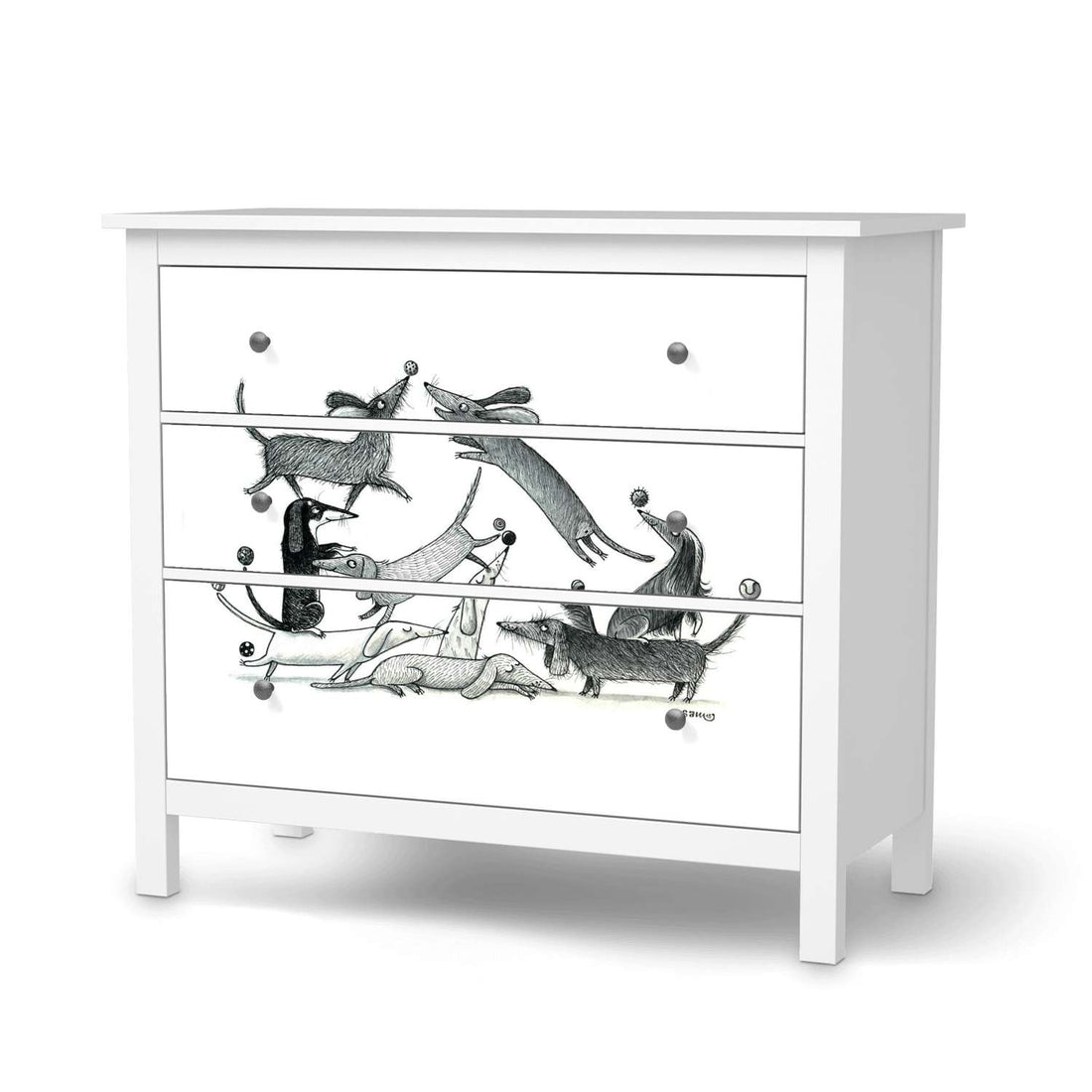 Möbelfolie Akrobaten Dackel - IKEA Hemnes Kommode 3 Schubladen  - weiss