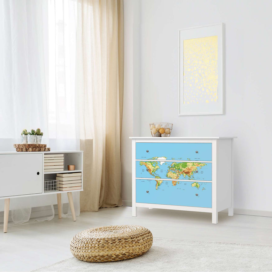 Möbelfolie Geografische Weltkarte - IKEA Hemnes Kommode 3 Schubladen - Wohnzimmer