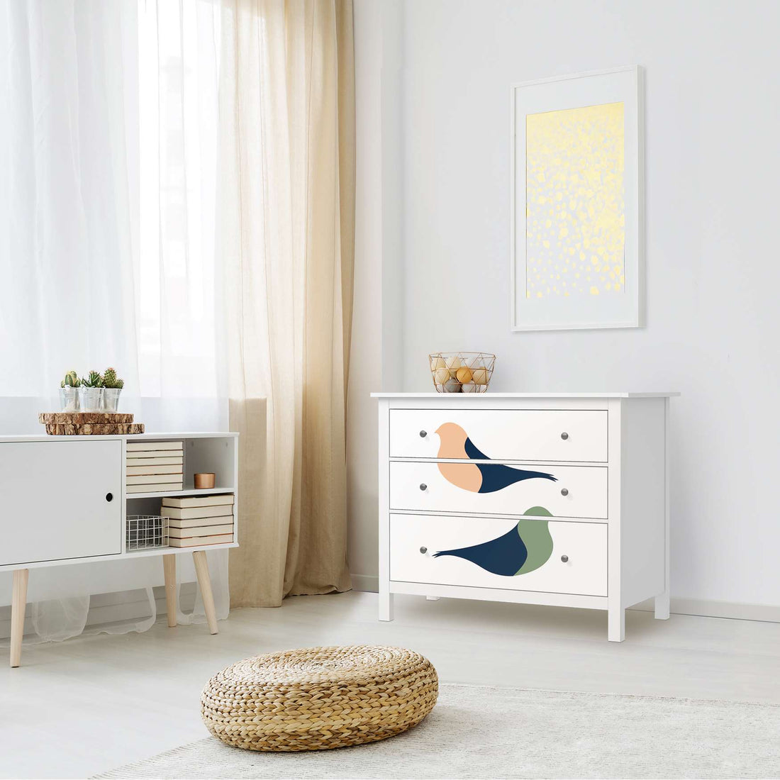 Möbelfolie Vintage Vögel - IKEA Hemnes Kommode 3 Schubladen - Wohnzimmer