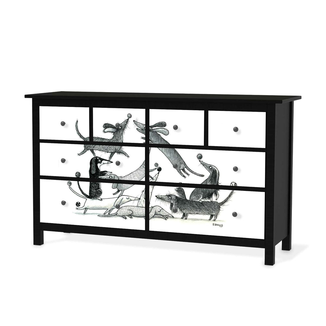 Möbelfolie Akrobaten Dackel - IKEA Hemnes Kommode 8 Schubladen - schwarz