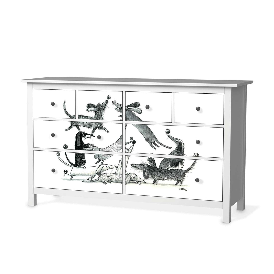 Möbelfolie Akrobaten Dackel - IKEA Hemnes Kommode 8 Schubladen  - weiss