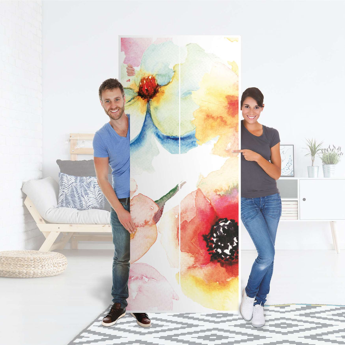 Möbelfolie IKEA Water Color Flowers - IKEA Pax Schrank 236 cm Höhe - 2 Türen - Folie