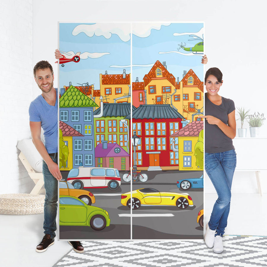 Möbelfolie IKEA City Life - IKEA Pax Schrank 236 cm Höhe - Schiebetür 75 cm - Folie