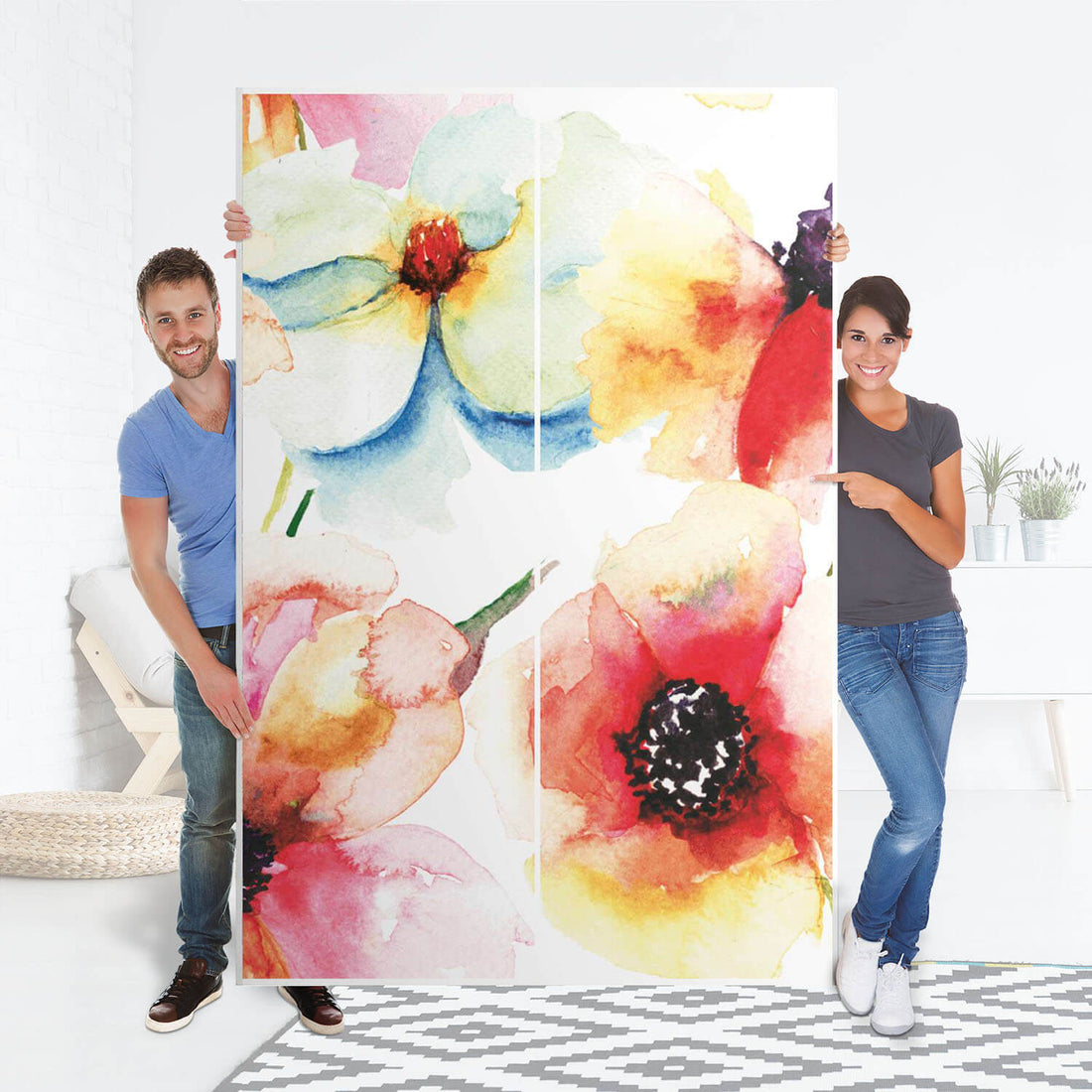 Möbelfolie IKEA Water Color Flowers - IKEA Pax Schrank 236 cm Höhe - Schiebetür 75 cm - Folie