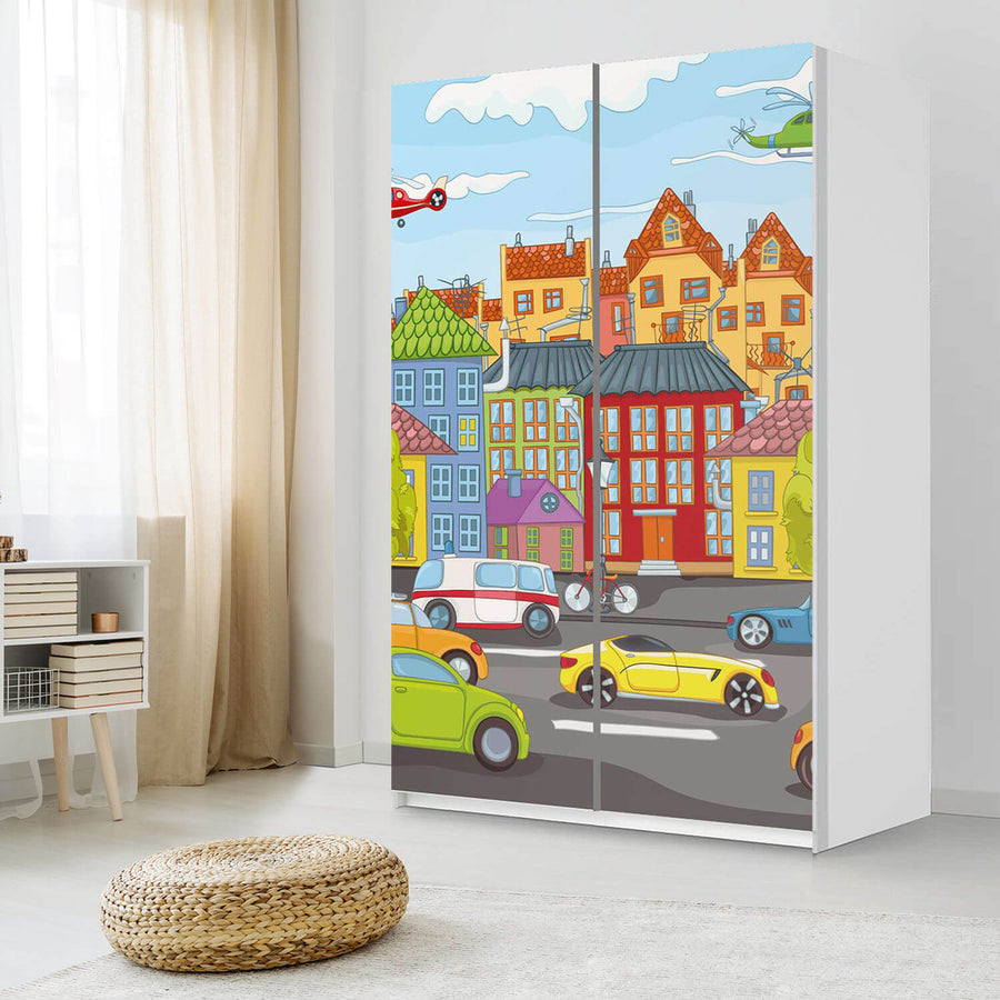 Möbelfolie IKEA City Life - IKEA Pax Schrank 236 cm Höhe - Schiebetür 75 cm - Kinderzimmer